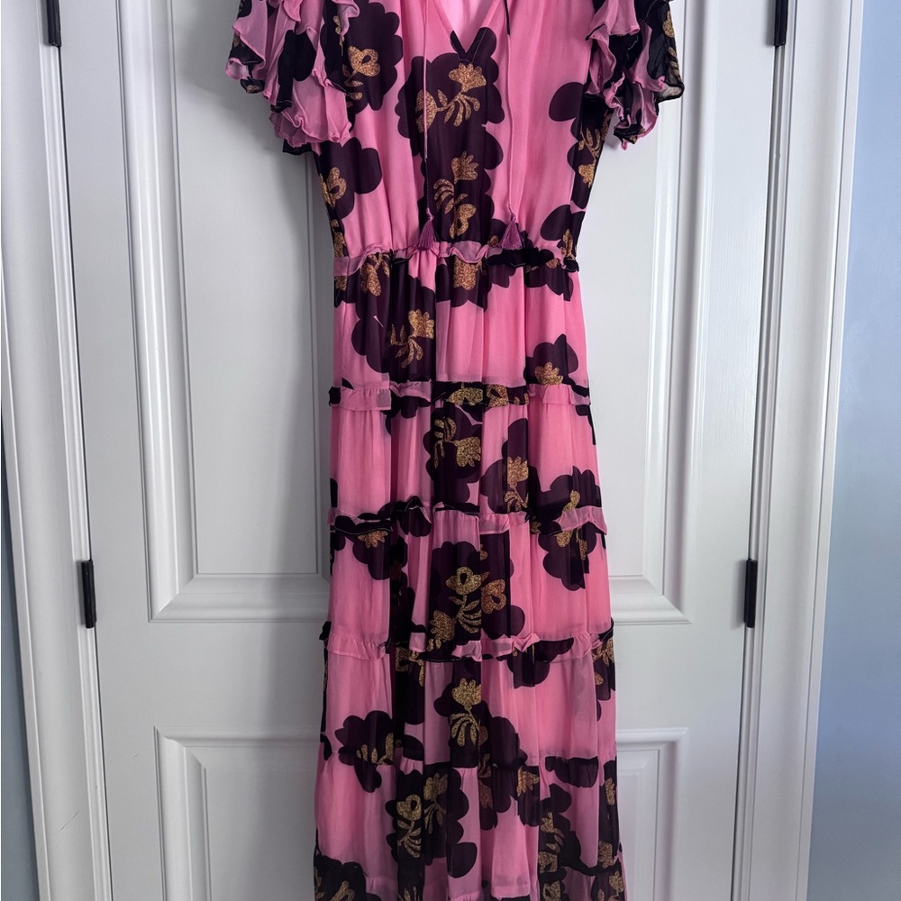 Pink and Black Flutter Sleeve Maxi Sundress